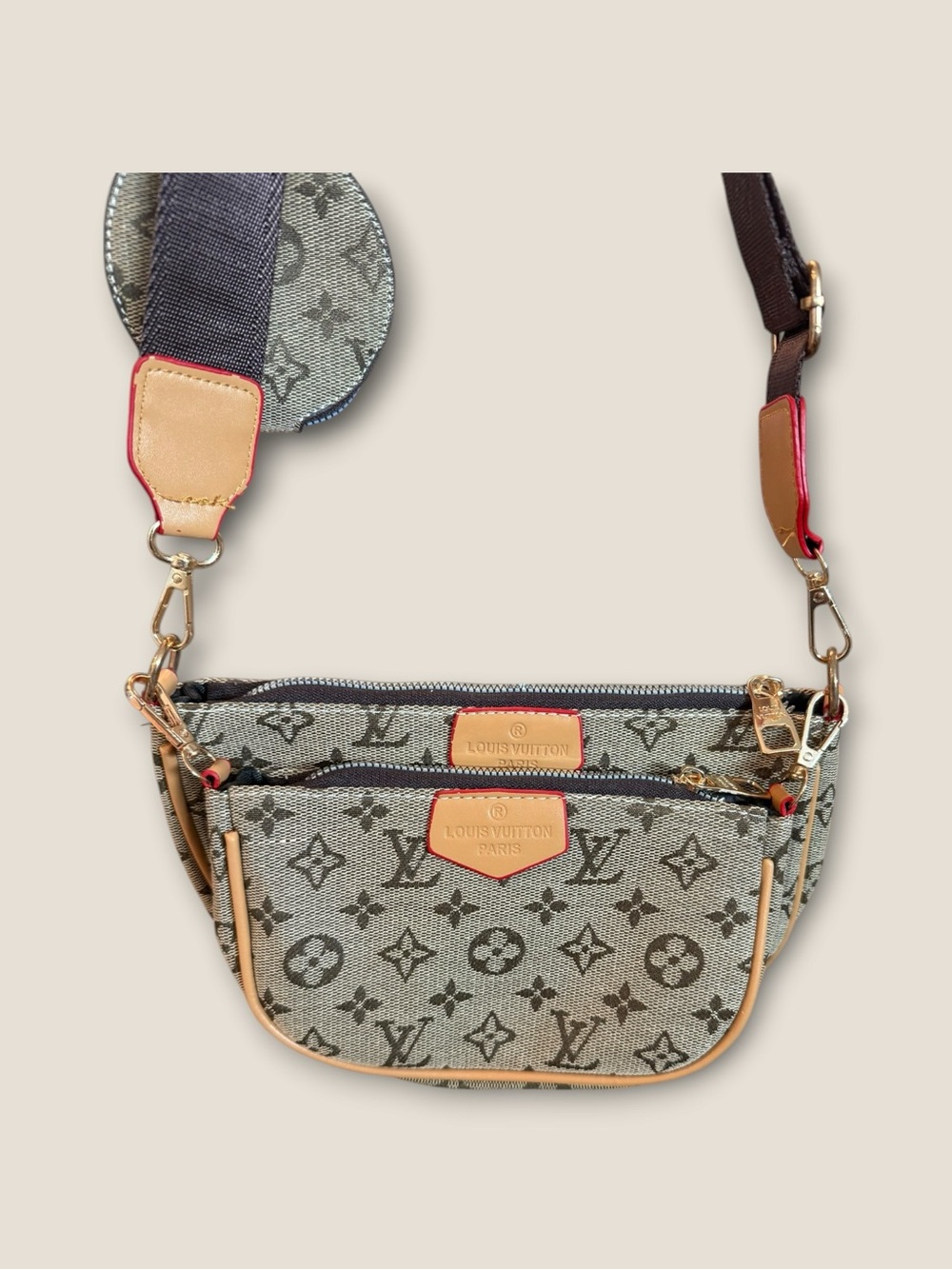 NWOT Fashion Gray Monogram Crossbody with Tan Trim and Red Piping